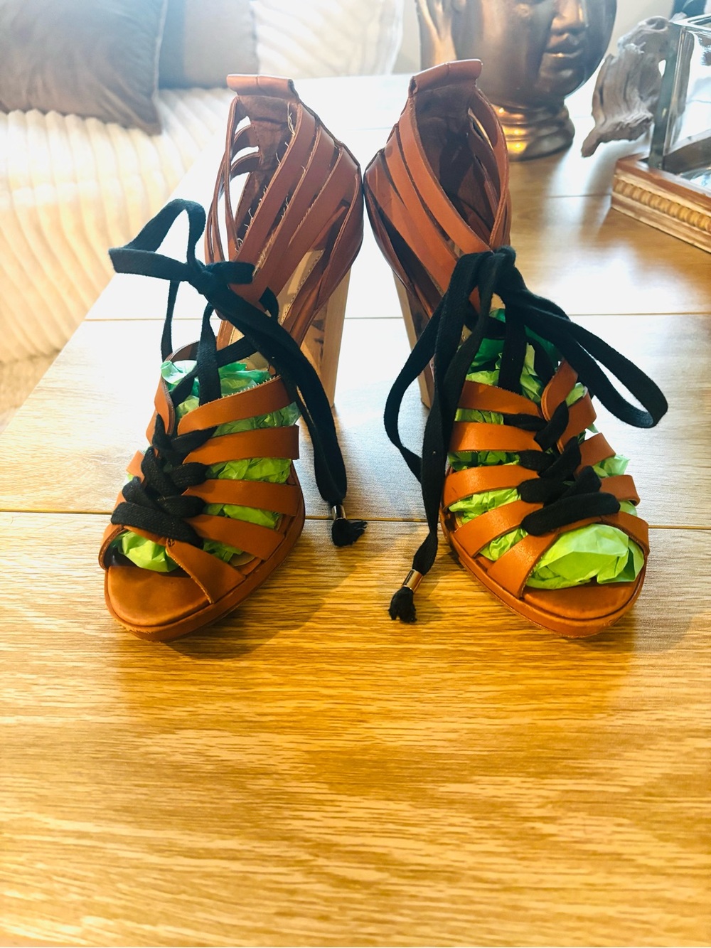 10 Crosby Derek Lam Brown Leather Strappy Lace-Up Heels with Black Laces